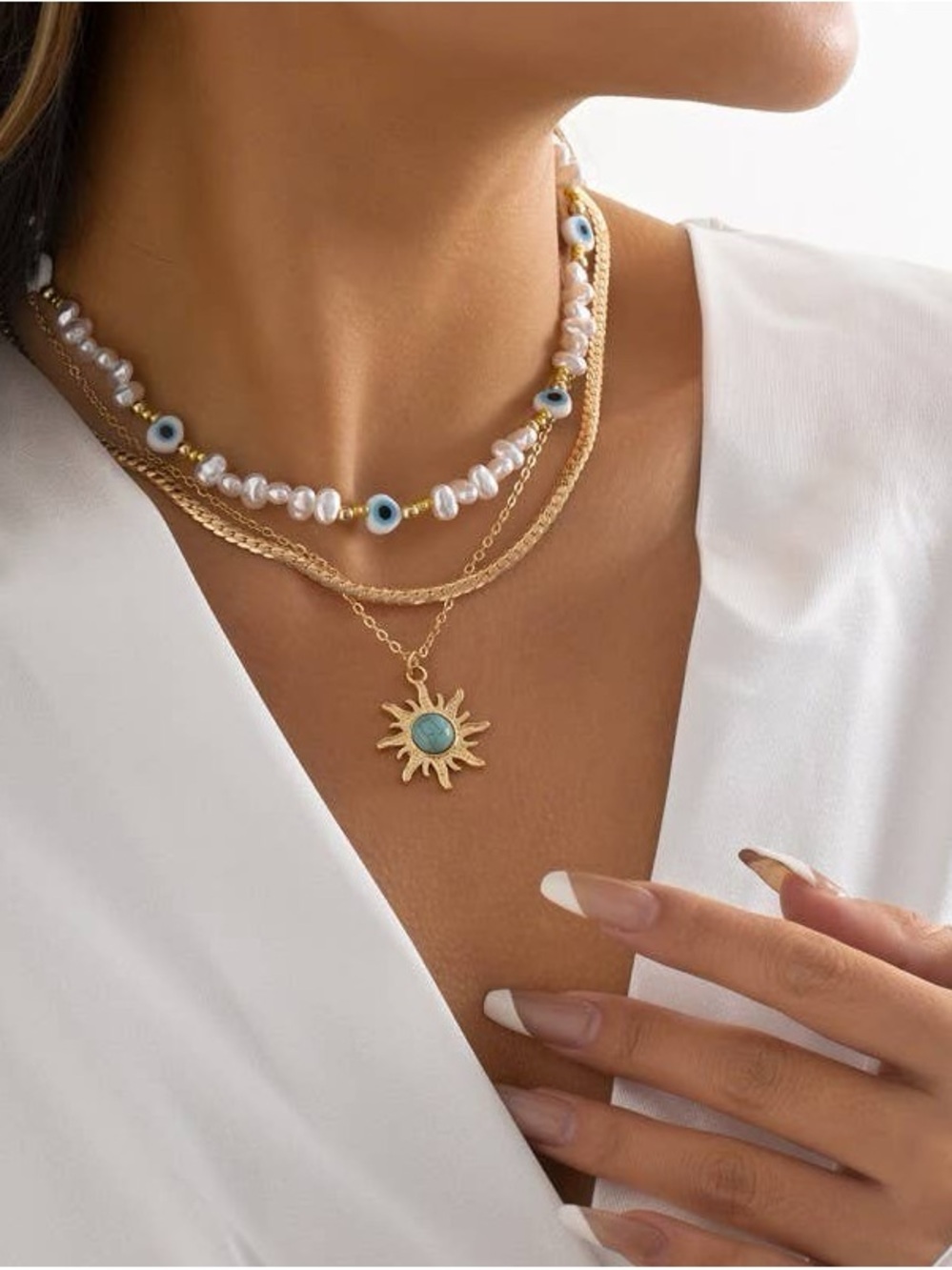 Waterproof Tarnish Free Layered Sun Pendant Necklace with Blue and Pearl Accents